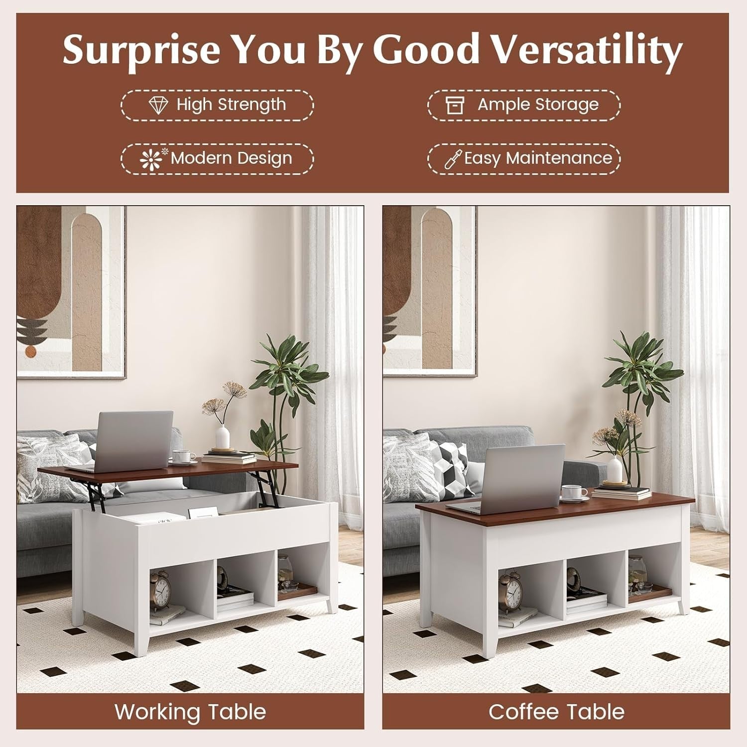 Lift Up Coffee Table with Hidden Storage & 3 Open Cubes, 105x52x49cm