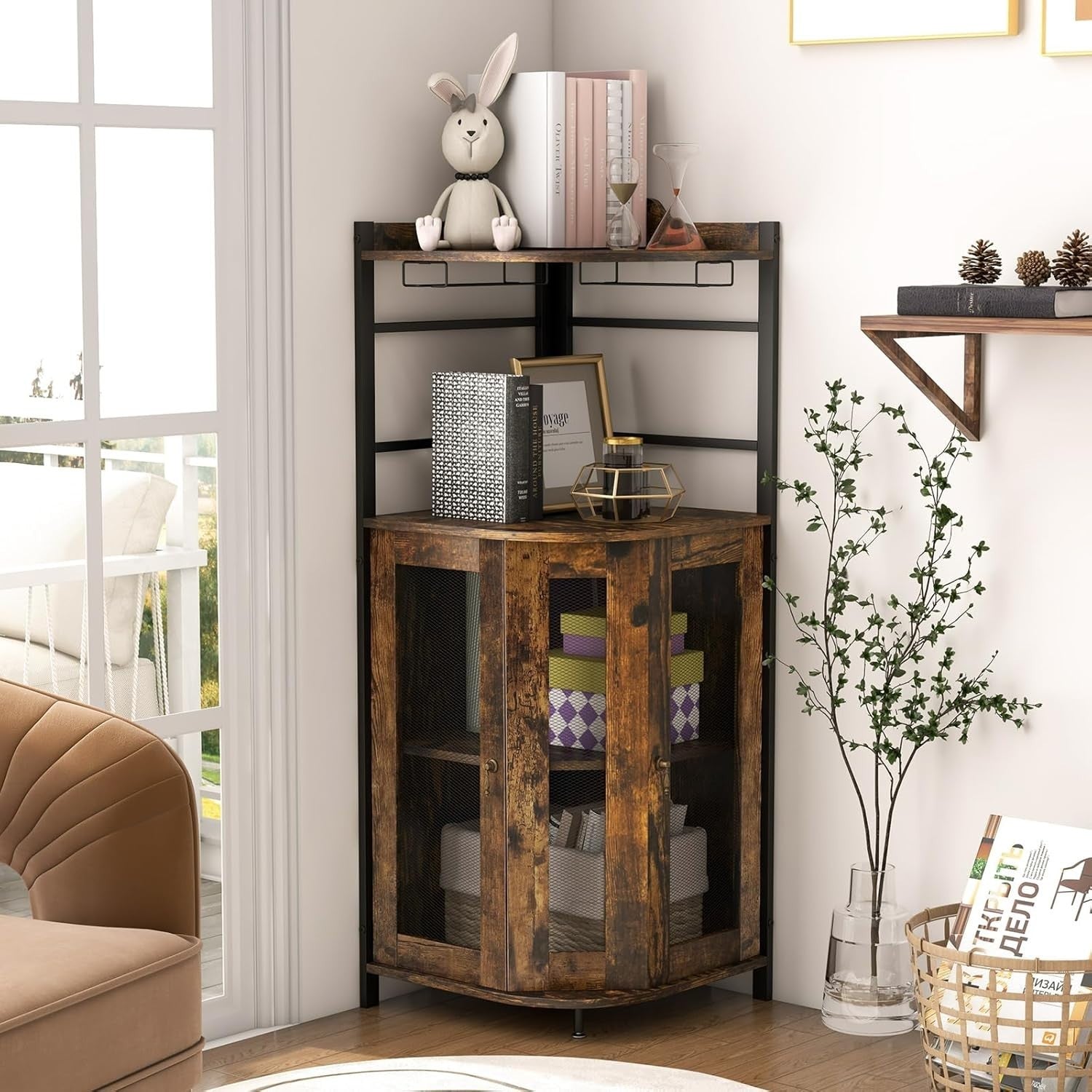 Corner Bar Cabinet Rustic Brown Wine Glass Rack & Liquor Storage Shelves Unit