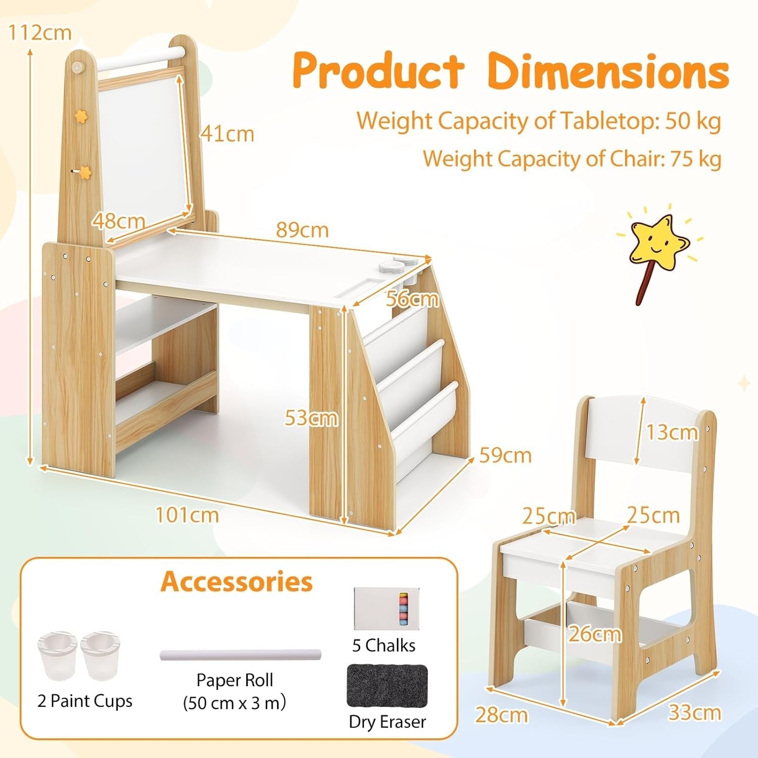 Kids Art Table & Chair Set with Double-Sided Easel, Paper Roll & Storage Shelves