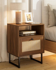 XL Rattan Bedside Table with Drawer Walnut Wood Nightstand Boho Farmhouse Style