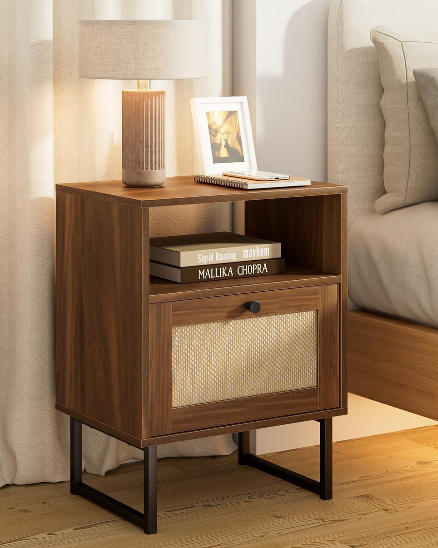 XL Rattan Bedside Table with Drawer Walnut Wood Nightstand Boho Farmhouse Style