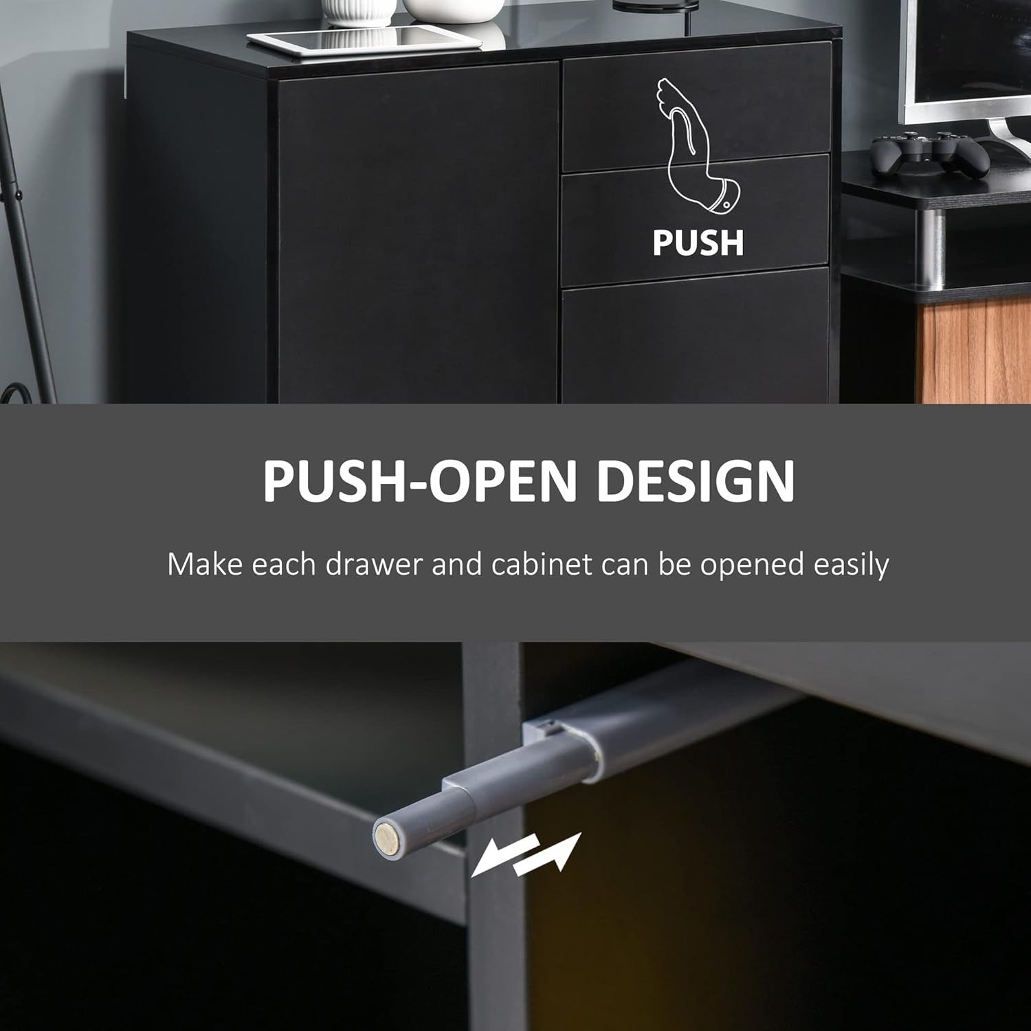 Black High Gloss Sideboard Cabinet 2 Doors 2 Drawers Push-Open Storage