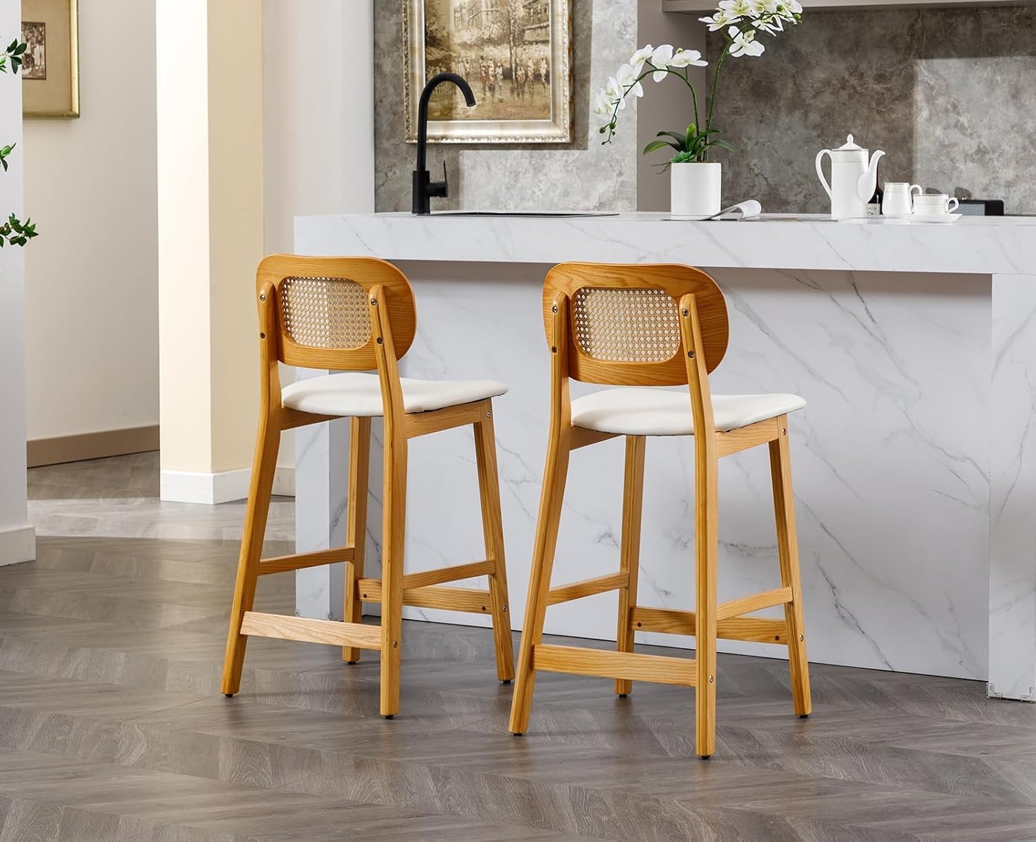 White PU Leather Bar Stool Set 2 – Rattan Backrest High Kitchen Chairs