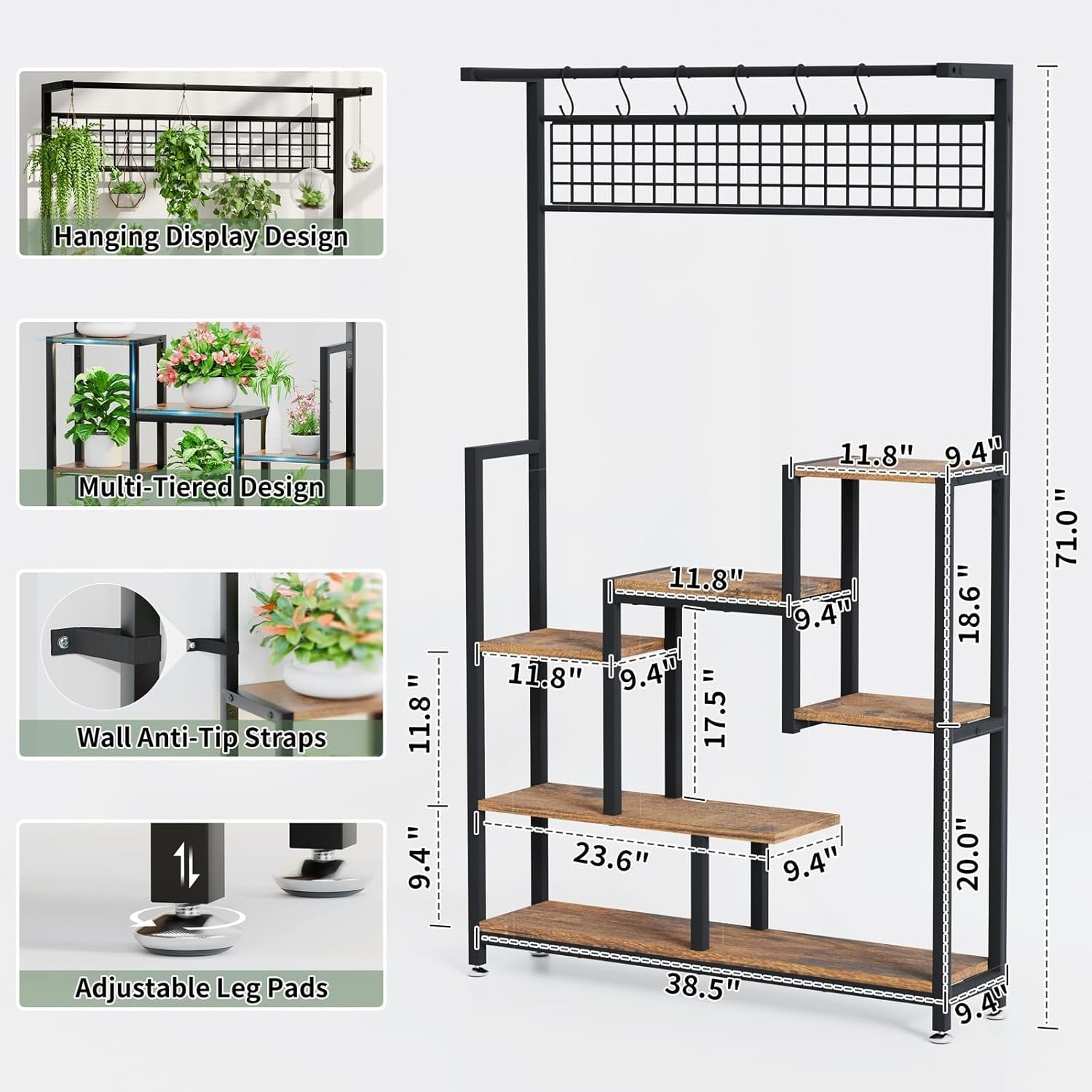 6 Tier Tall Metal Plant Stand with Grow Lights Indoor Outdoor Flower Shelf