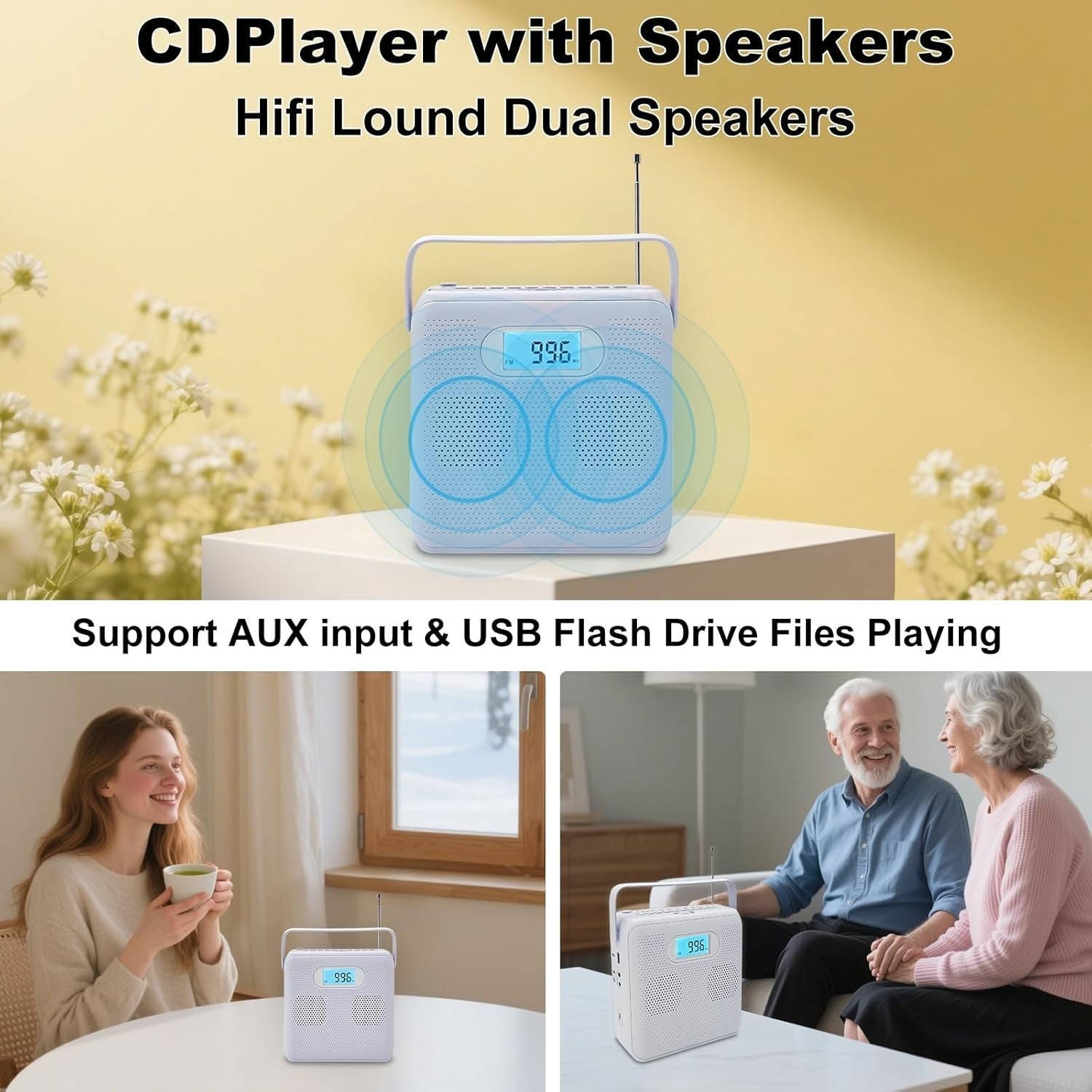Portable CD Player Bluetooth FM Radio USB Recording HiFi Speakers LCD