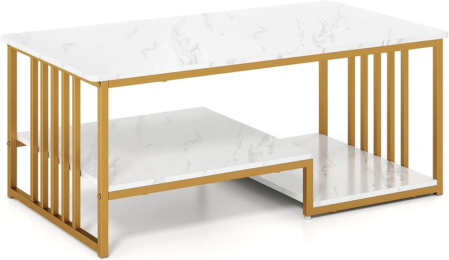 Modern Faux Marble Coffee Table 2-Tier Rectangular with Storage Shelf 110x60cm