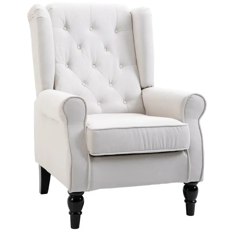 Cream Wingback Accent Armchair Linen Tufted High Back Chair Wood Legs