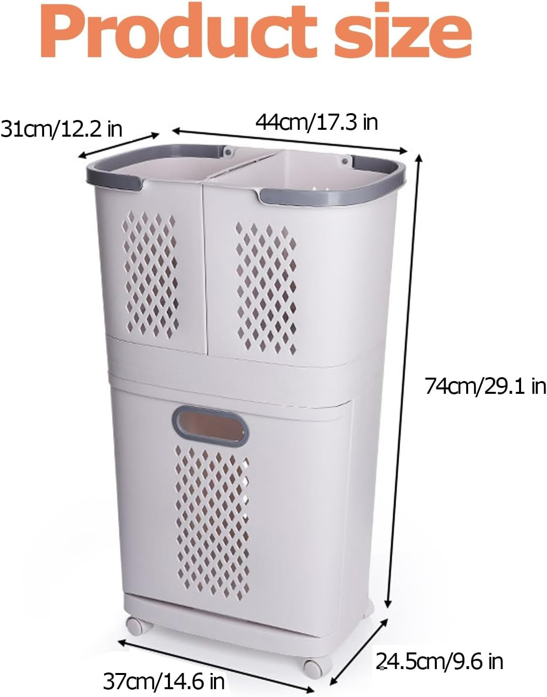 3-Section Laundry Basket on Wheels | Large PP Hamper with Bottom Door | Slim Sto
