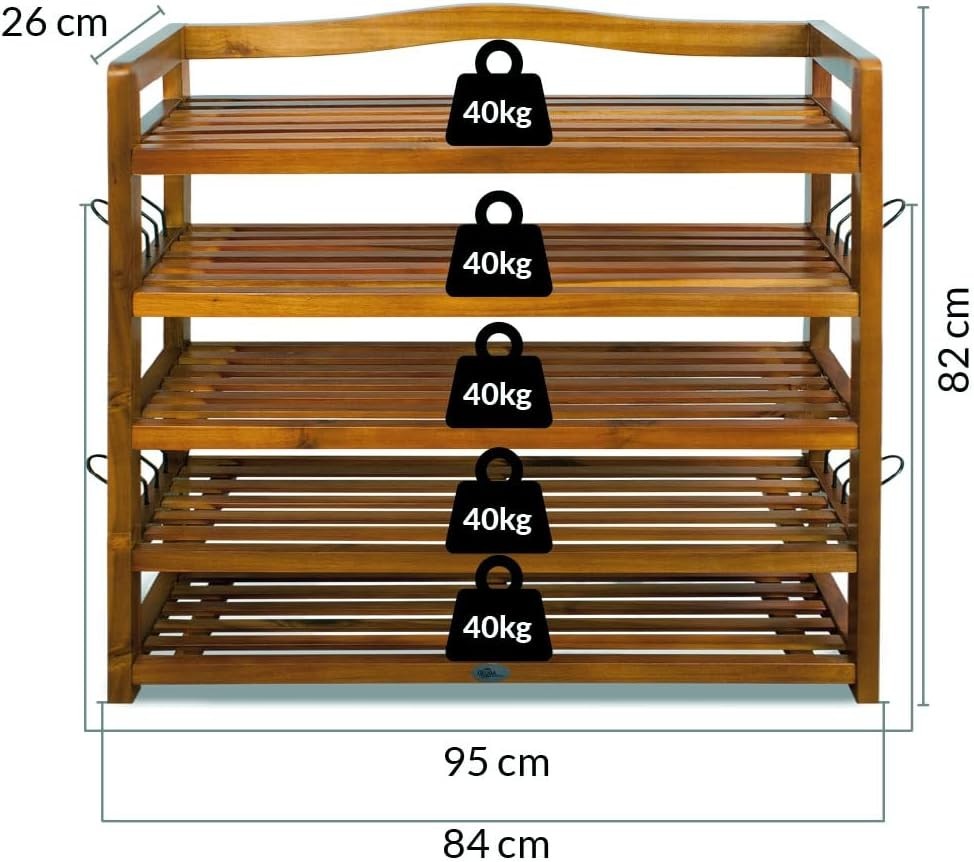 5-Tier Solid Acacia Wood Shoe Rack, 95x26x82 cm Dark Brown, Rustic Design