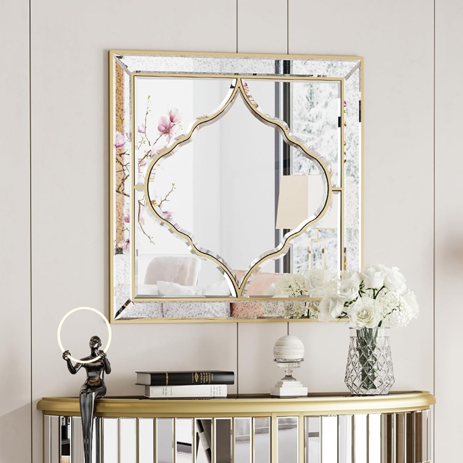 Luxury Gold Wall Mirror 60x60cm Clear Glass Beveled Frame for Hallway