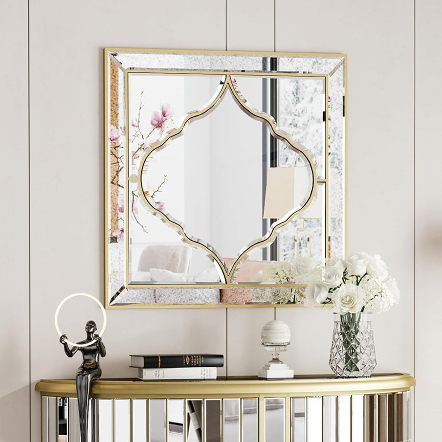 Luxury Gold Wall Mirror 60x60cm Clear Glass Beveled Frame for Hallway