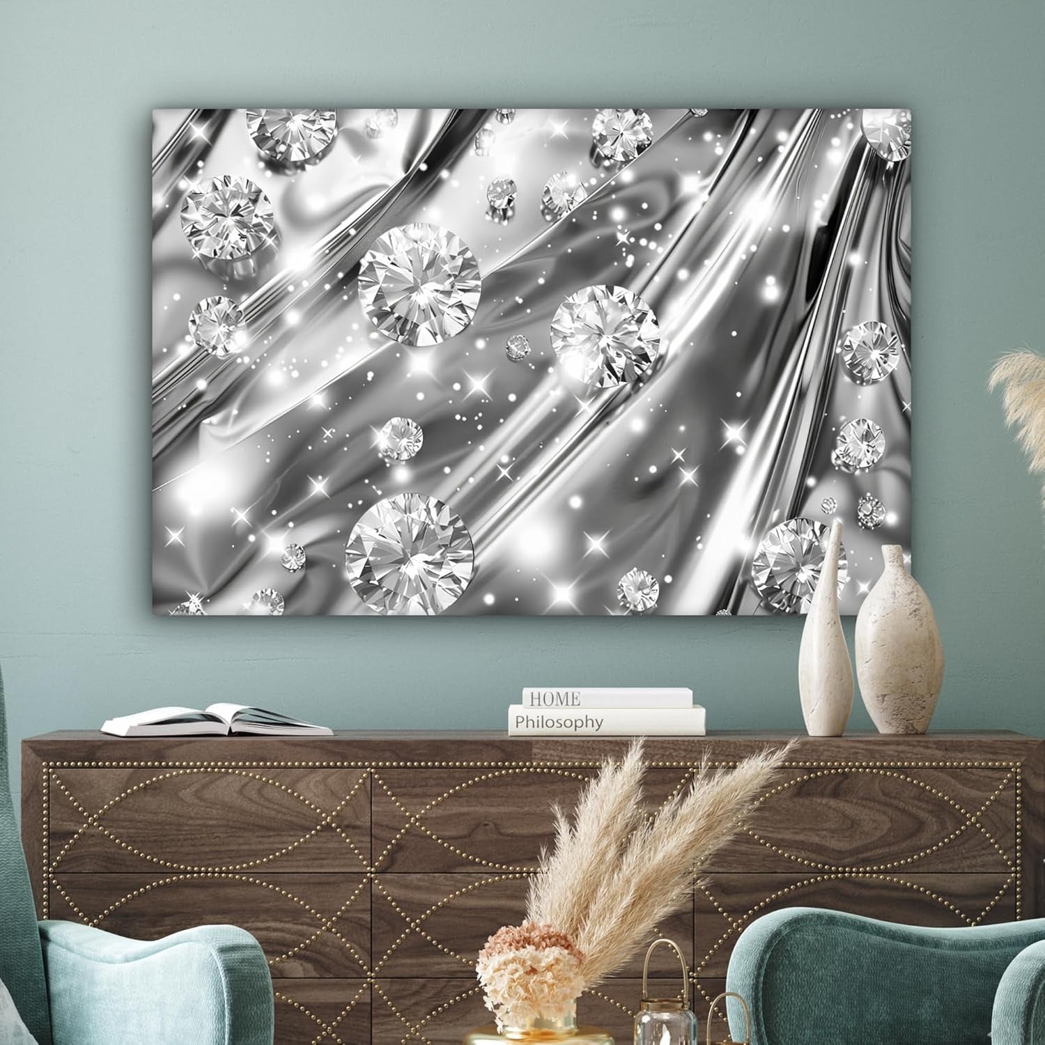 Diamond Abstract Canvas Wall Art 47x31 in Silver Modern Home Decor