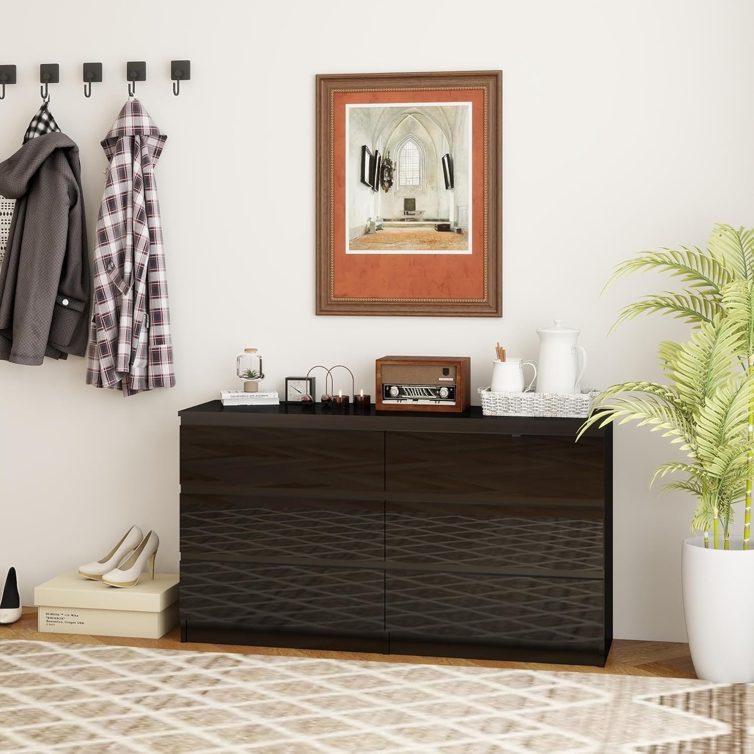High-Gloss 6 Drawer Chest - Sleek Handleless Storage for Bedroom & Living Room