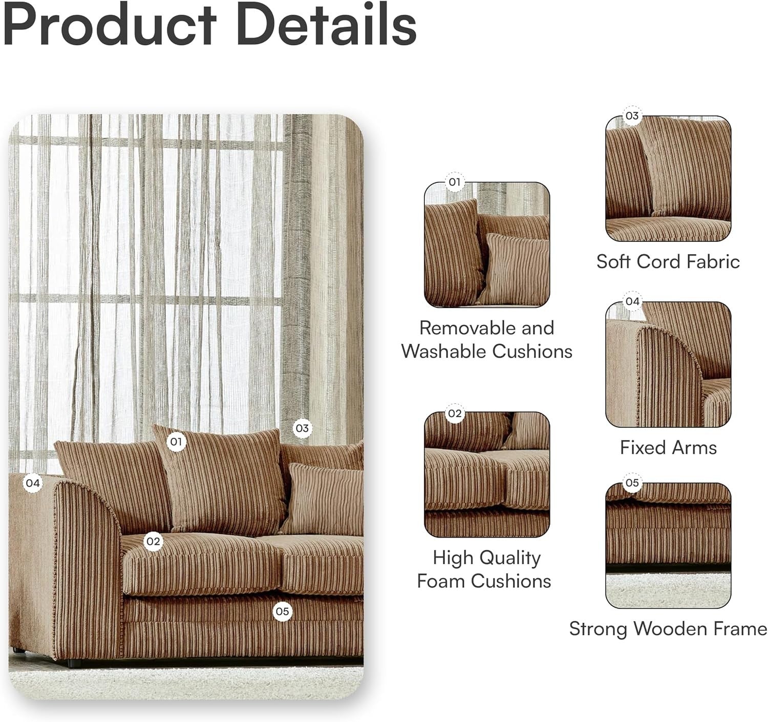 Beige Jumbo Cord 4-Seater Corner Sofa Left Hand Facing | Durable Comfort