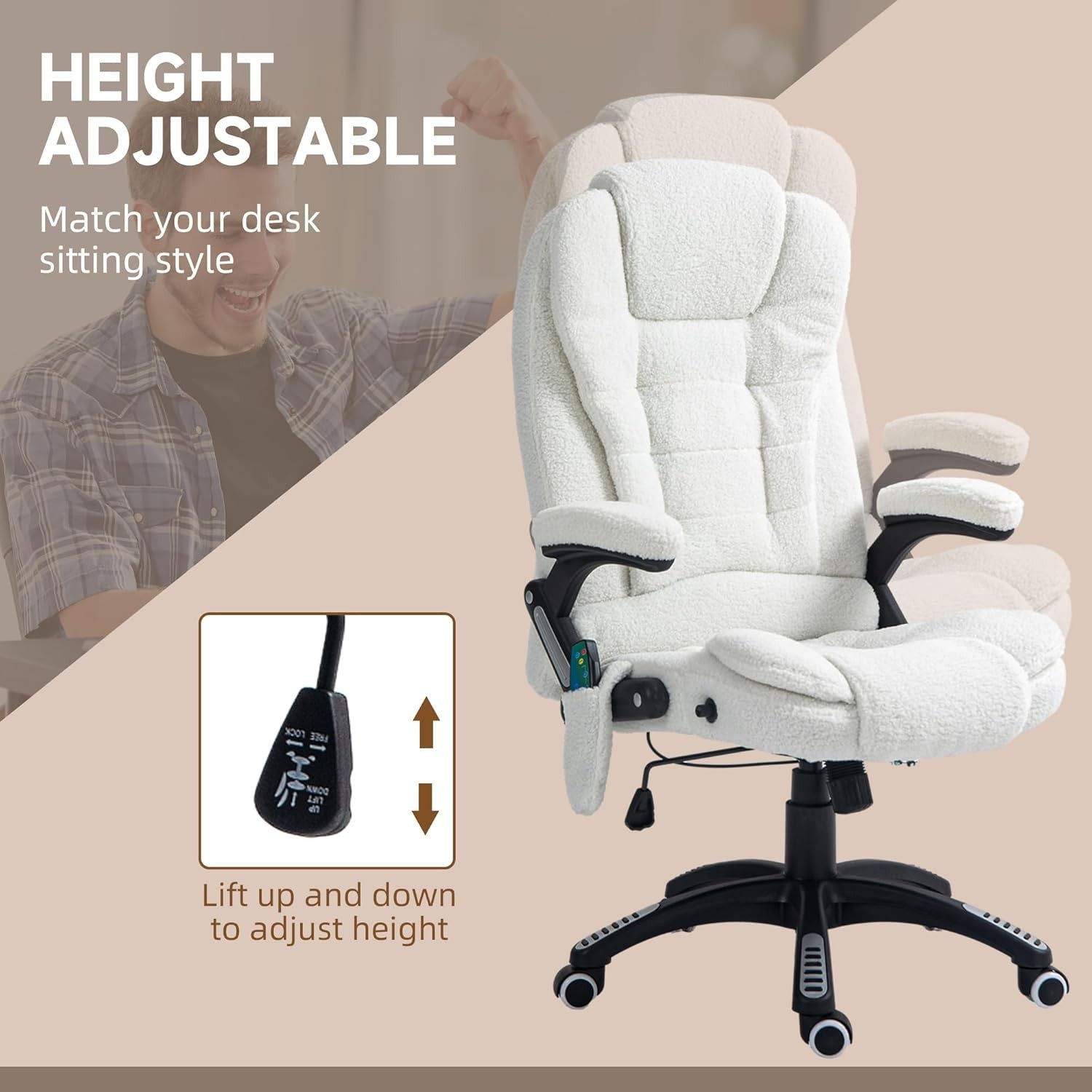 Ergonomic Office Chair Heated 6-Point Massage Boucle Fabric