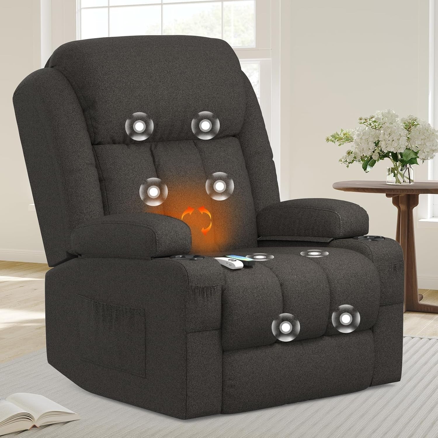 Power Lift Recliner Chair Massage Heat USB Ports Cup Holders Fabric Dark Grey