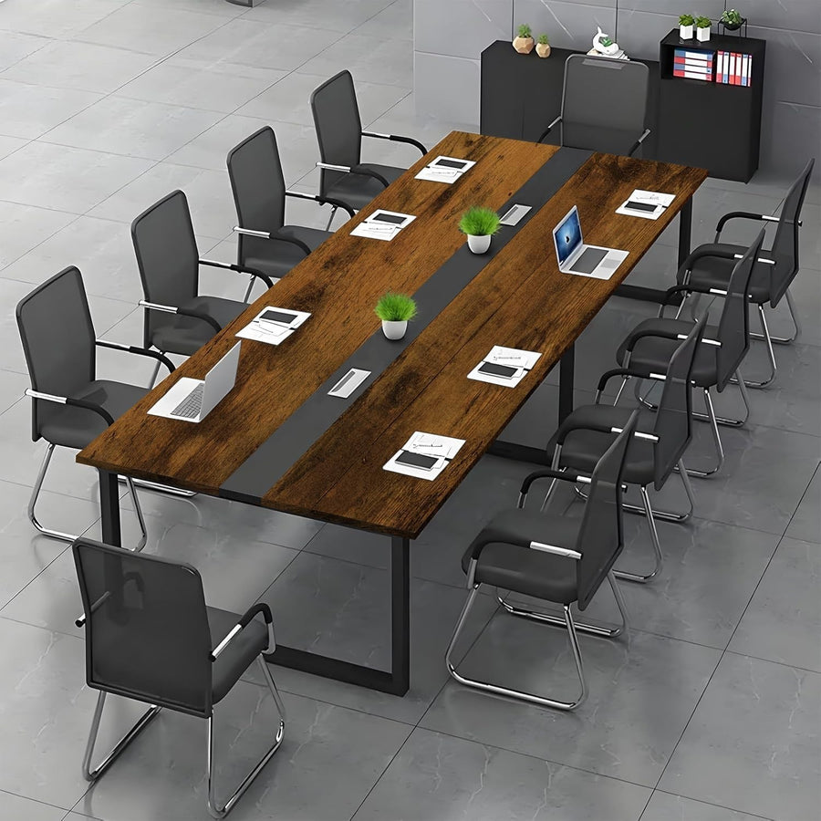 180x100cm Retro/Black Conference Table w/ Cable Ports & Adjustable Feet