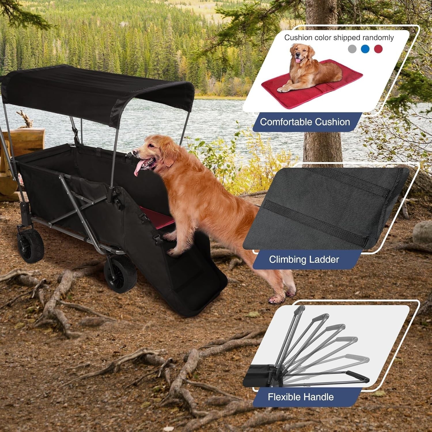 Heavy Duty Dog Wagon Cart 150lb Folding Beach Trolley w/ Canopy All-Terrain