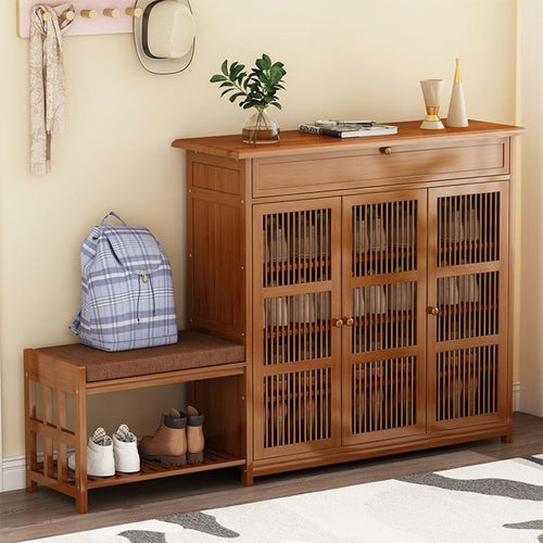 Shoe Storage Bench with Cushion & Drawer 4-Tier Adjustable Shelves 99x33x99cm