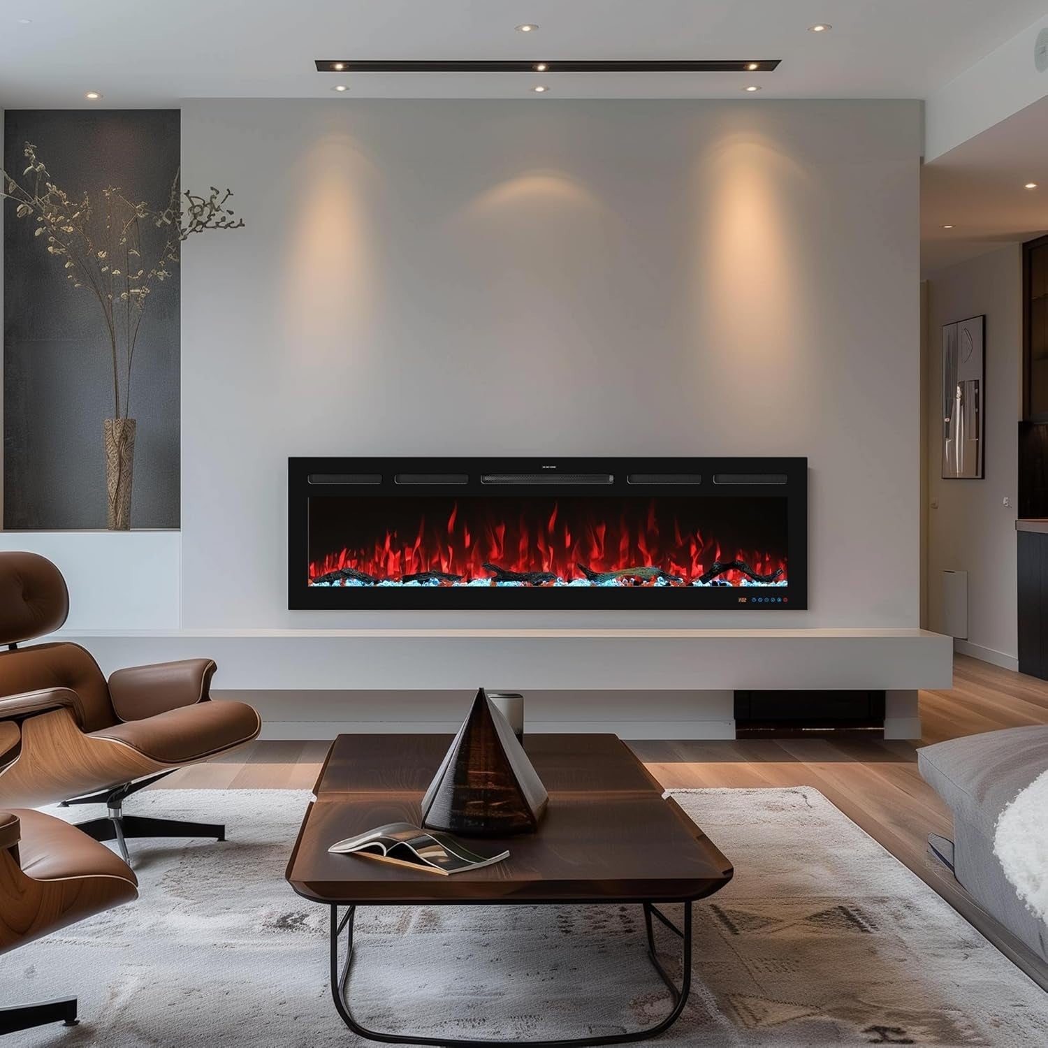 60" Smart Electric Wall Mount Fireplace LED Heater Remote Control Flames