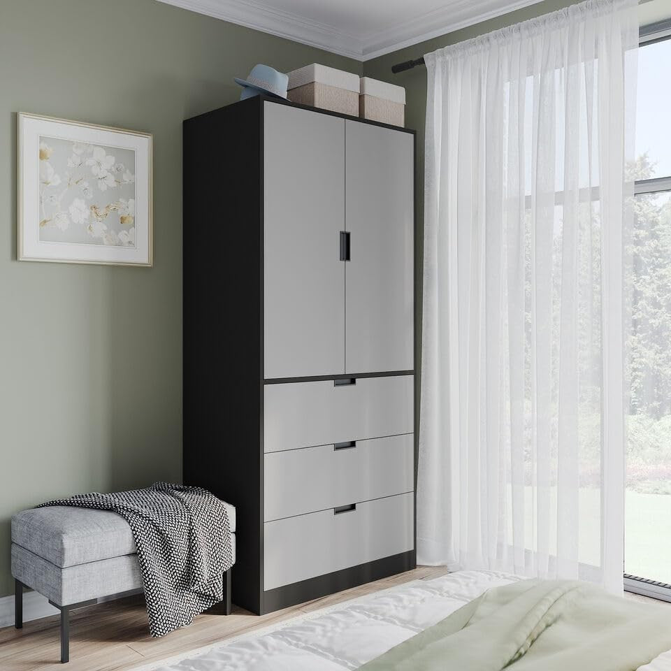 Modern Wardrobe Black Oak 2 Door 3 Drawer Unit H180cm Clothes Storage