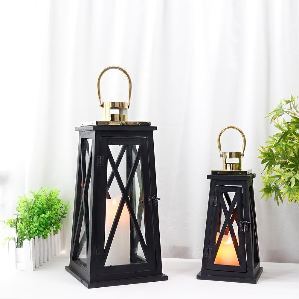 Set of 2 Farmhouse Wooden Lanterns Black Rustic Candle Holders 55cm