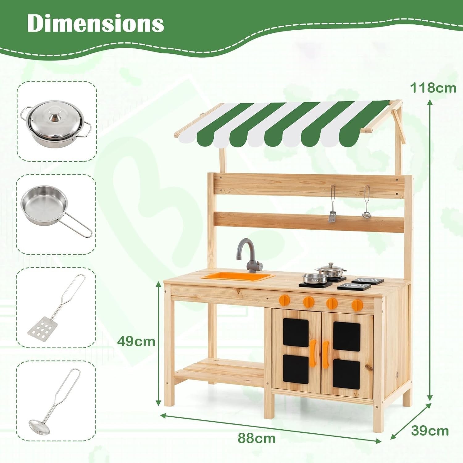 Outdoor Mud Kitchen Kids Wooden Playset Canopy Sink Stove Toy