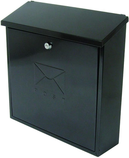 Lockable Weatherproof Steel Post Box Black Secure Mailbox Wall Mount 37x37x12cm