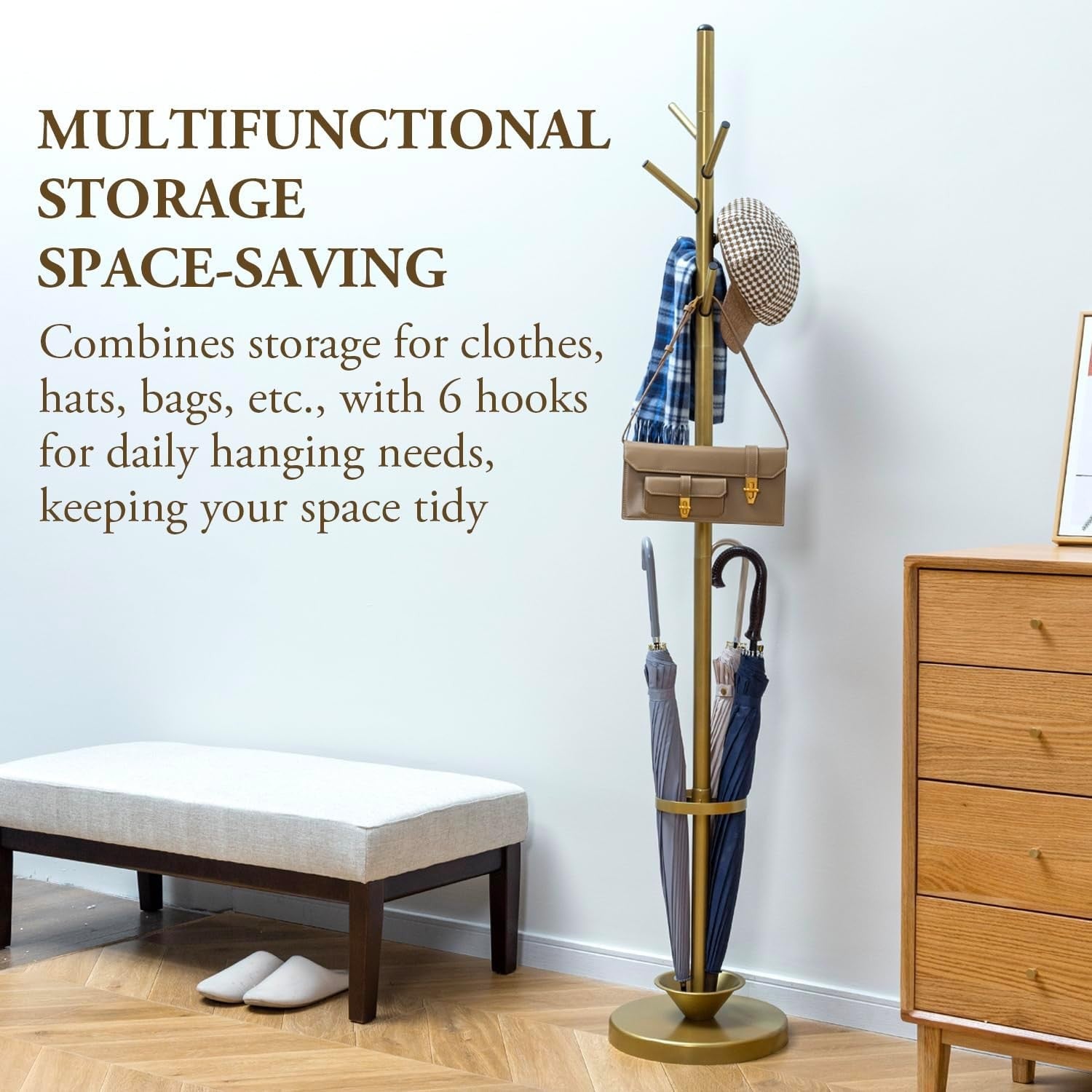 Modern Brass Metal Coat Rack with Umbrella Holder | 6 Hook Hall Stand