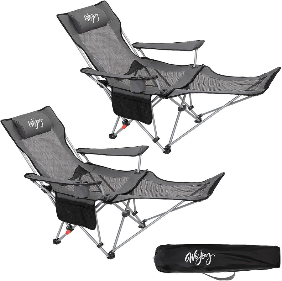 2x Recliner Folding Camping Chairs Footrest Headrest Cup Holder Travel