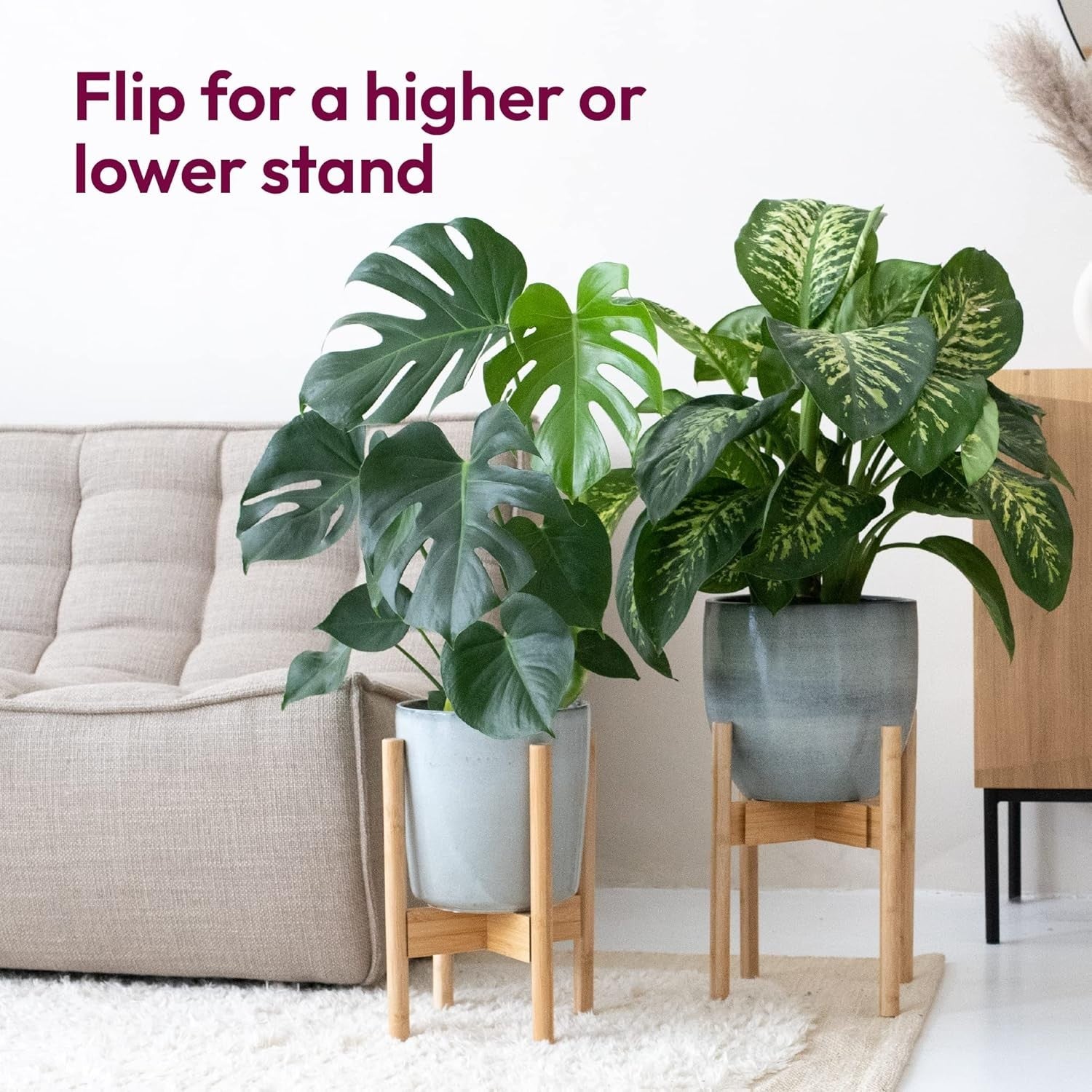 Set of 2 Adjustable Bamboo Plant Stands, Wooden Flower Pot Holders Indoor & Outd