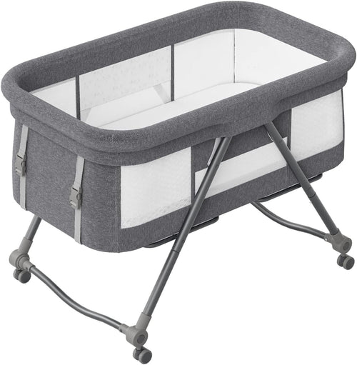 Portable Travel Cot with Mattress Rocking Bassinet Bedside Crib Silent Wheels