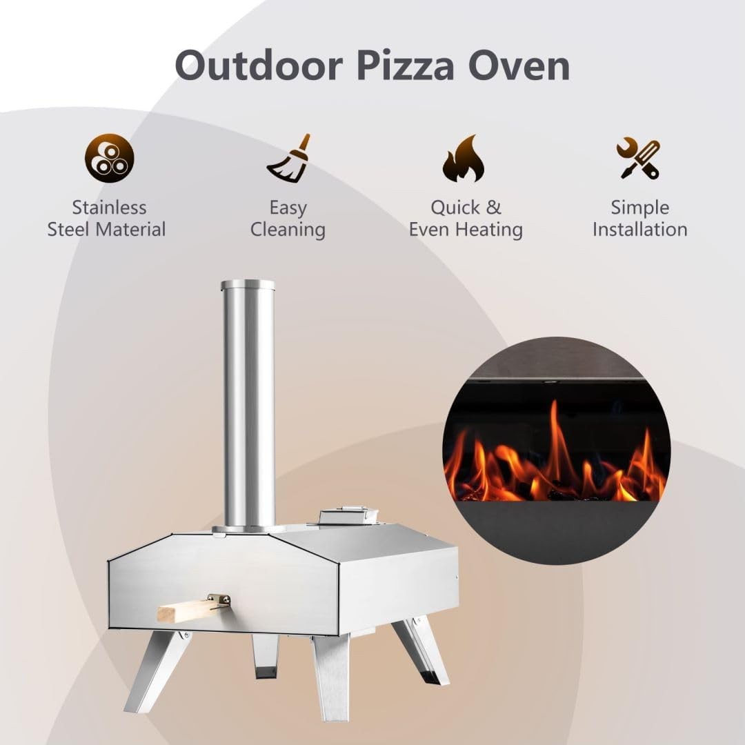 Outdoor Multi-Fuel Pizza Oven | Stainless Steel BBQ Grill with Stone & Foldable
