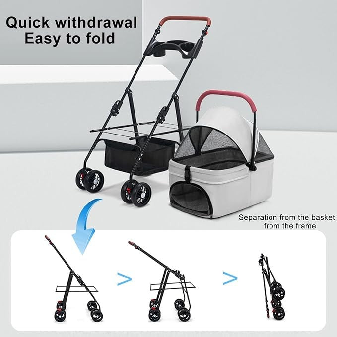 Pet Stroller Folding 4 Wheel Dog Cat Pushchair Small Medium Pets Travel Pram