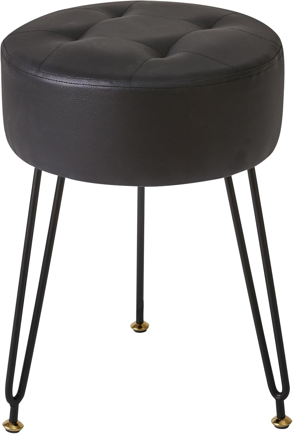 Black PU Round Footrest Stool – Velvet-Soft Vanity Seat with Gold Legs