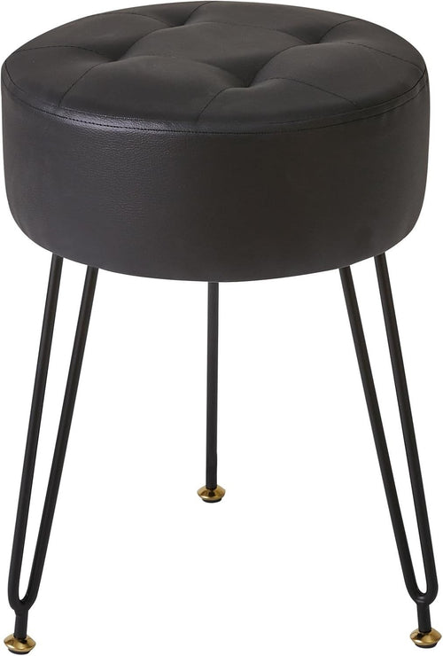 Black PU Round Footrest Stool – Velvet-Soft Vanity Seat with Gold Legs