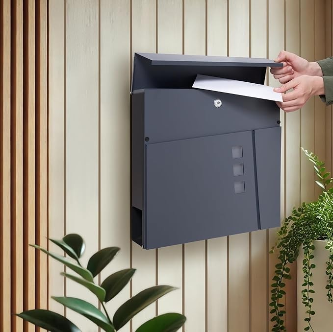 Lockable Wall Mounted Post Box Grey – Weatherproof Steel, Newspaper Slot