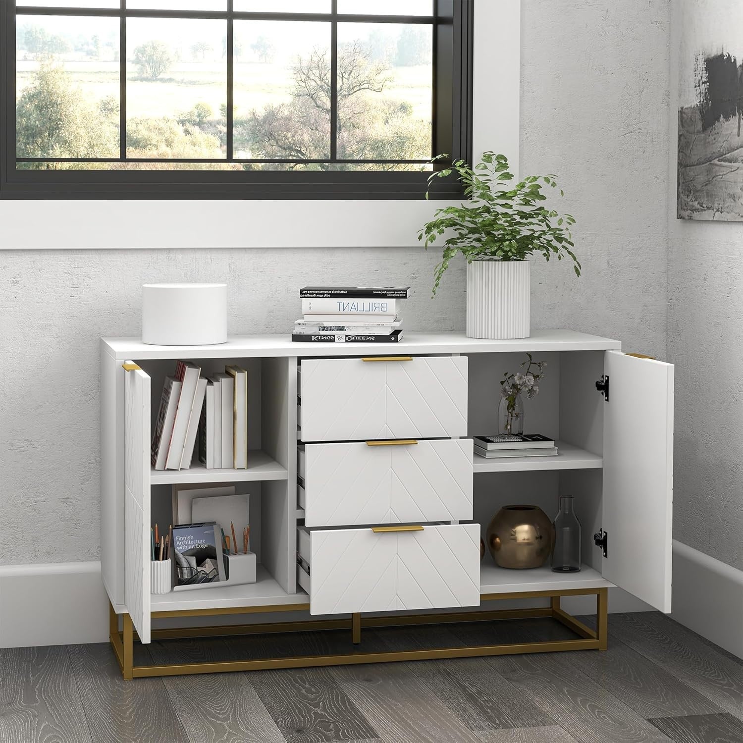 Modern White Sideboard Cabinet 3 Drawers Storage Gold Legs Adjustable