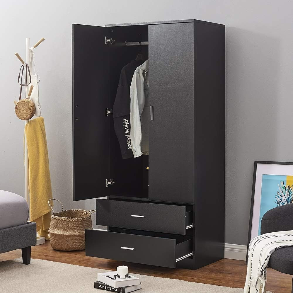 Black 2 Door Wardrobe with Hanging Rail & 2 Drawers Durable Bedroom Closet