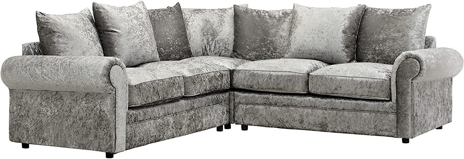 5 Seater Crushed Velvet Corner Sofa Silver L-Shaped Couch 210x210cm