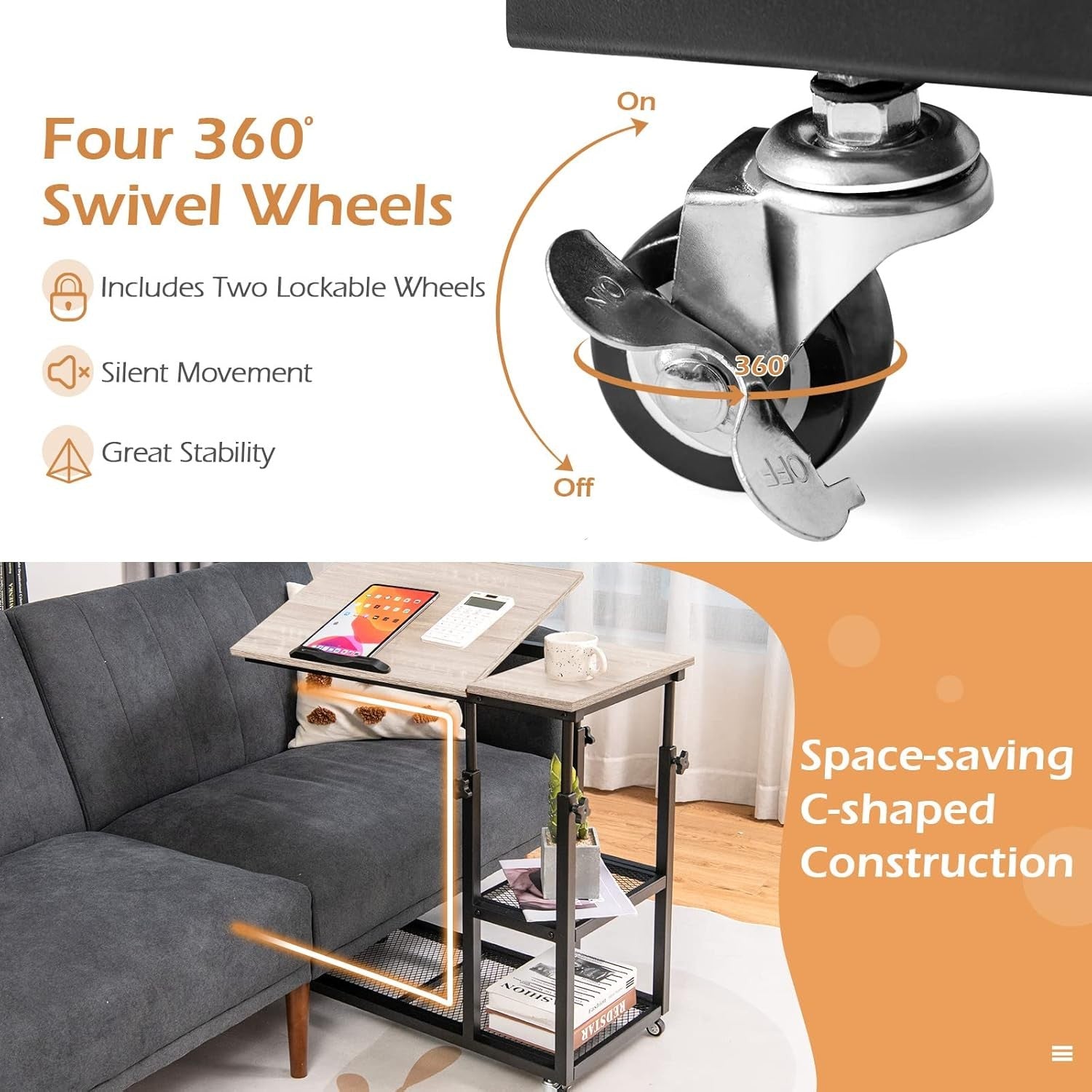 Natural Wood Overbed Table with Wheels Adjustable Sofa Side Laptop Desk