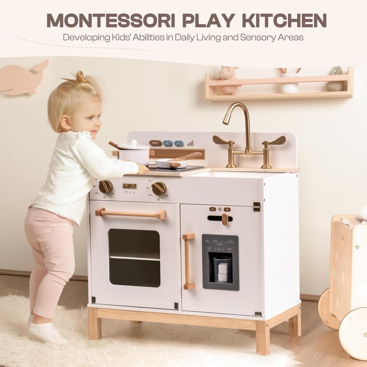Wooden Kids Play Kitchen w/ Lights Sounds Ice Dispenser White