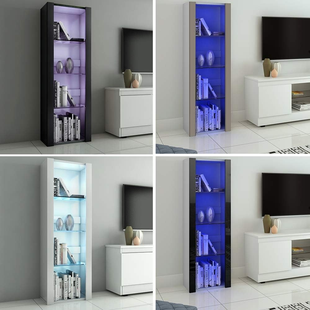 Tall LED Display Cabinet White Matt Black Gloss Glass Shelves Modern Cupboard