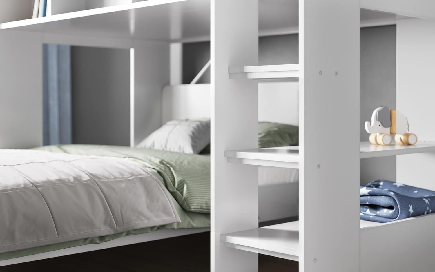 Triple L Shaped Bunk Bed with Storage Shelves Kids Safe White Wood