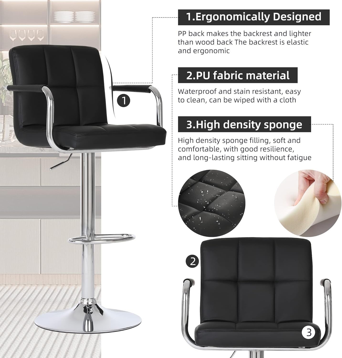 2PCS Black Adjustable Cuban Bar Stools PU Leather Arms Backrest