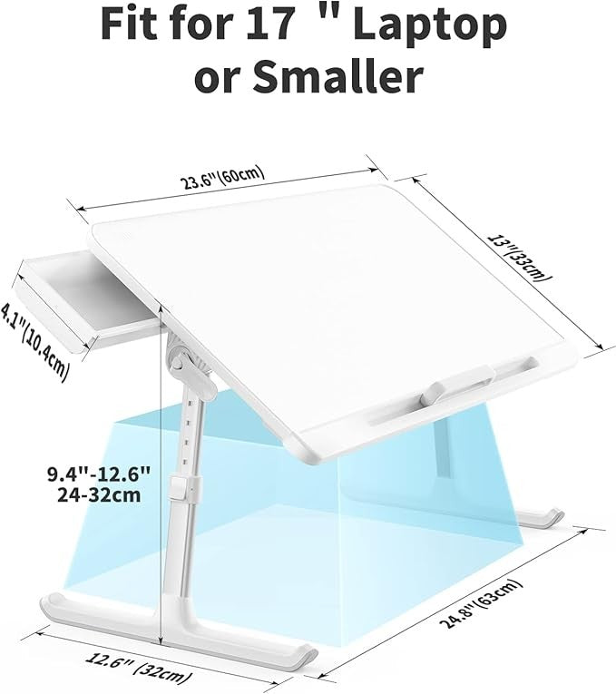 Laptop Bed Table Adjustable Height Angle Folding Desk with Drawer White