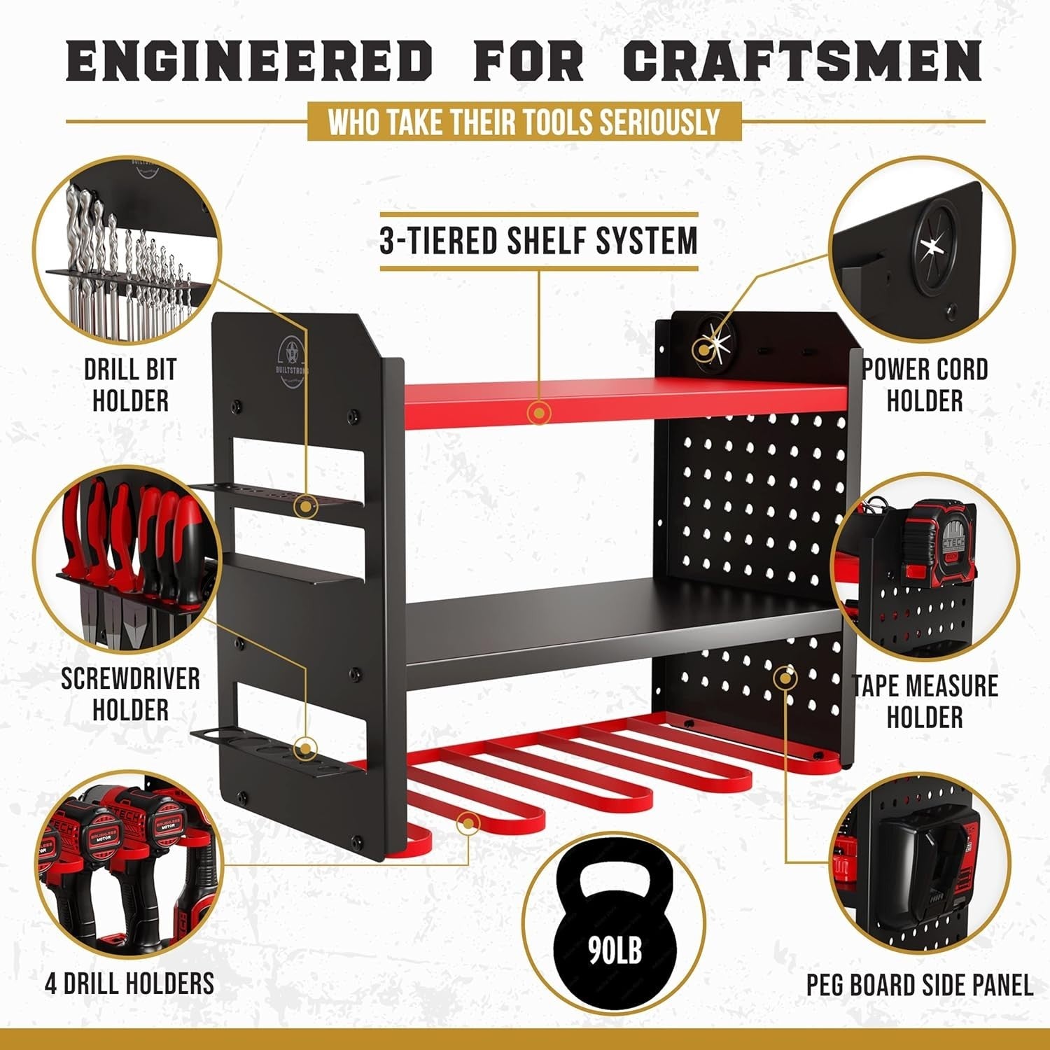 Heavy-Duty 3-Tier Red Tool Rack 43.7W x 22.1D x 35.6H cm – Garage Organizer