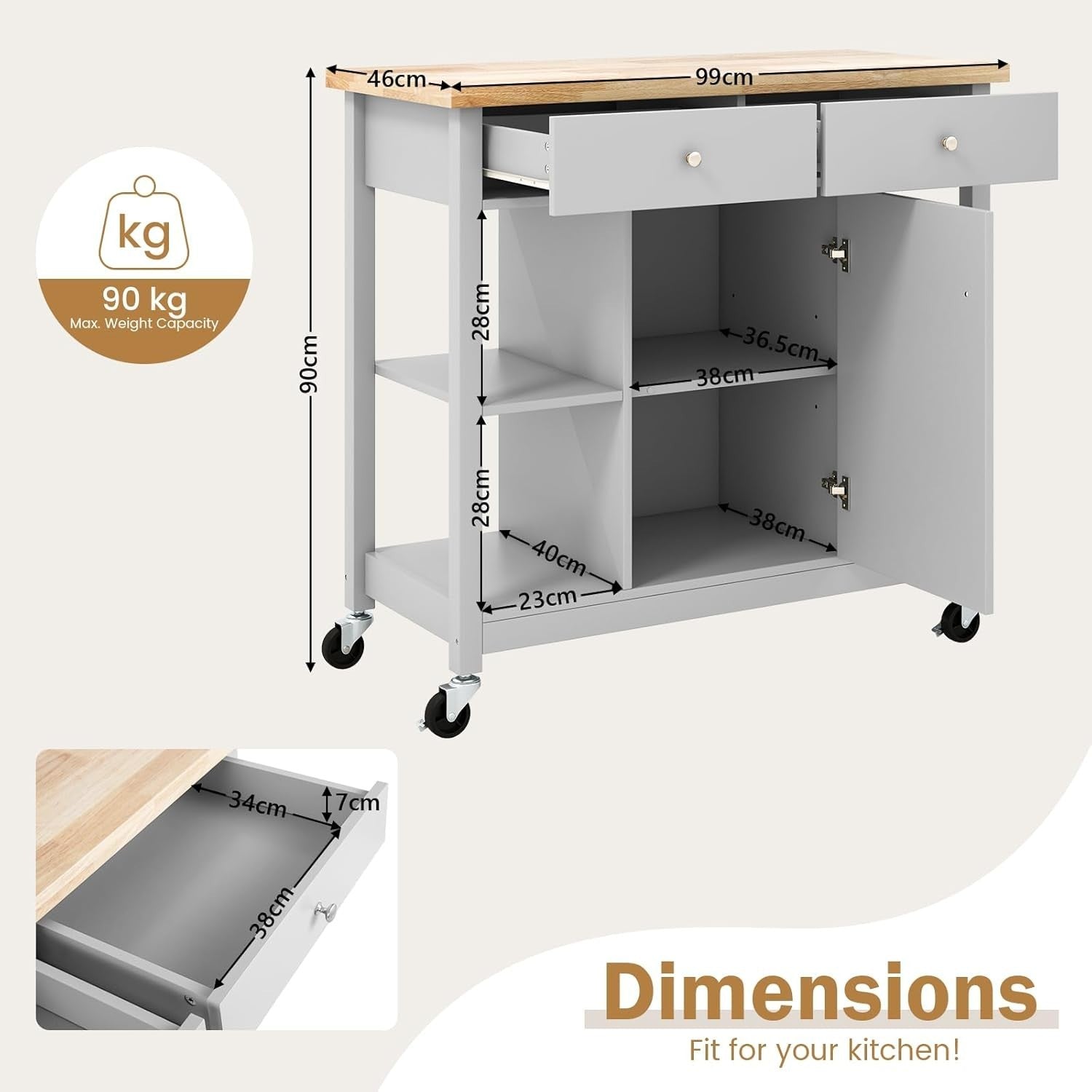 Kitchen Island Trolley with Drawers & Adjustable Shelves Grey 99x46x90cm