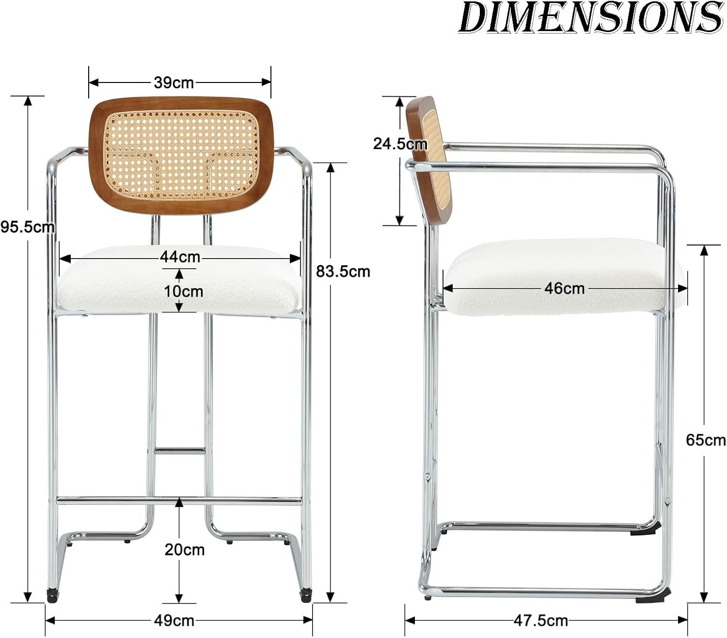 Bar Stools Set of 2 White Faux Fur Rattan Back Counter Chairs