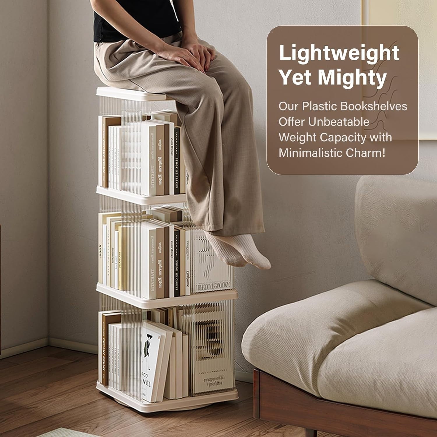 360° Rotating Plastic Bookshelf 4-Tier Floor Standing Corner Shelf White